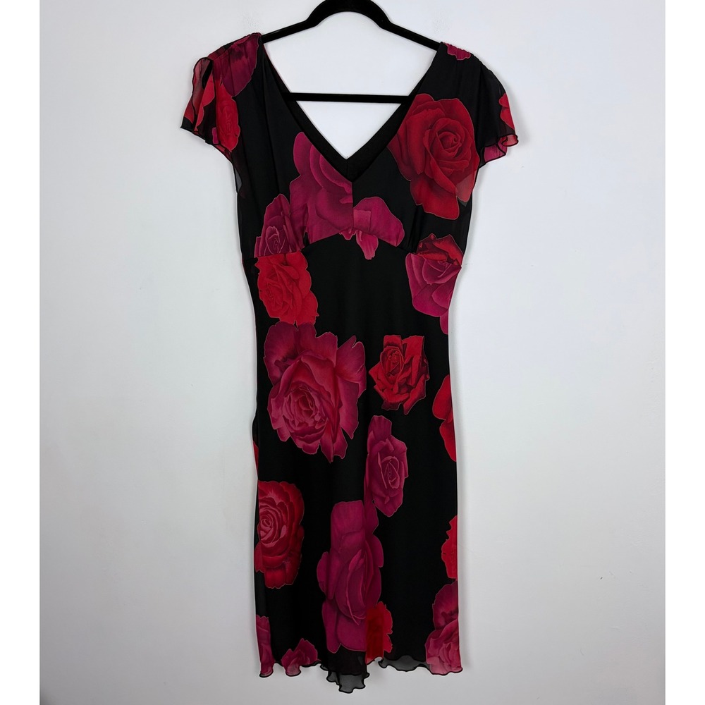 My Michelle Vintage 90s Dress Rose Print V-Neck Chiffon Romantic Whimsygoth